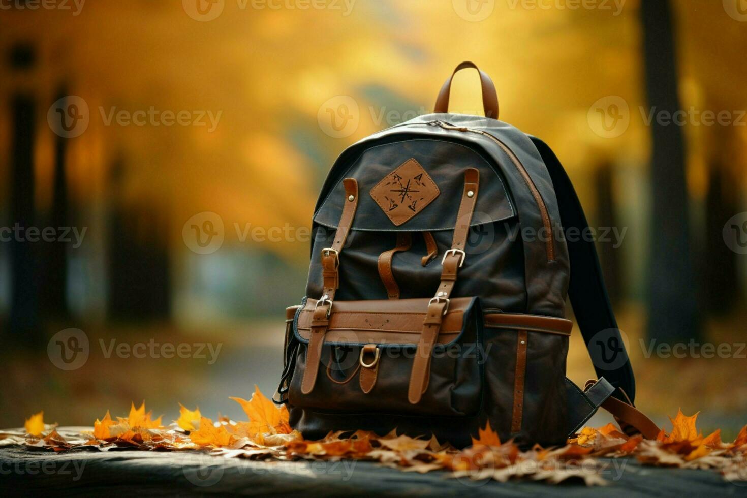 mochila y accesorios, ingeniosamente generado en ai, conjunto en contra otoño naturaleza ai generado foto