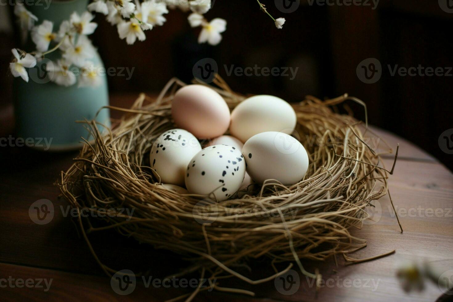 Eggs artistically arranged within a nest, adorning a rustic tabletop display AI Generated photo