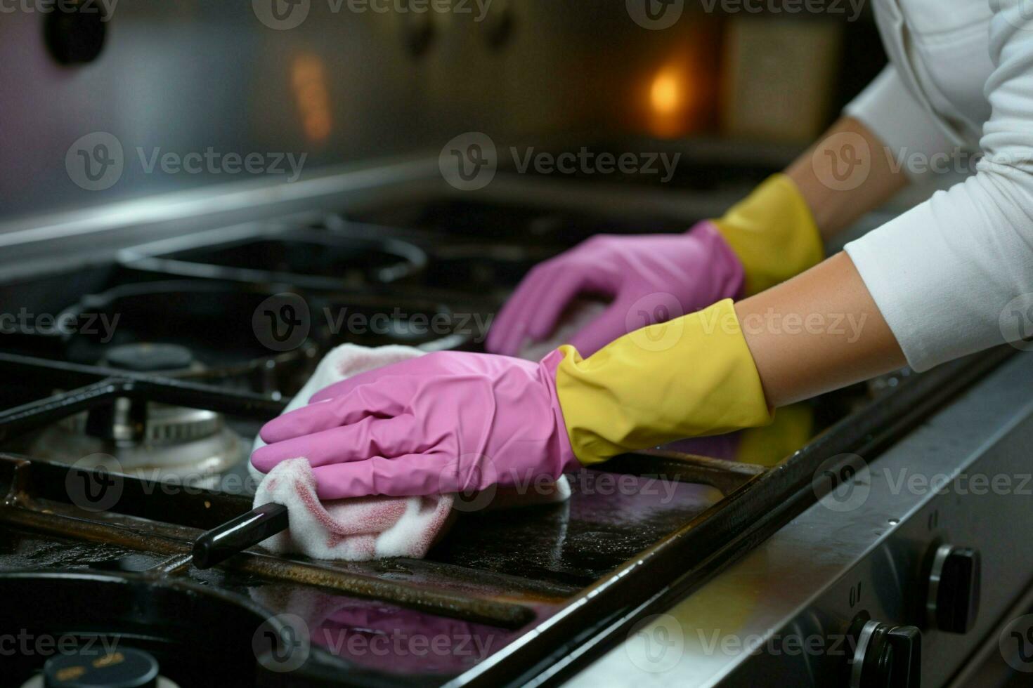 Doméstico escena hembra mano en guantes limpia cocina, amas de casa satisfacción evidente desde encima ai generado foto