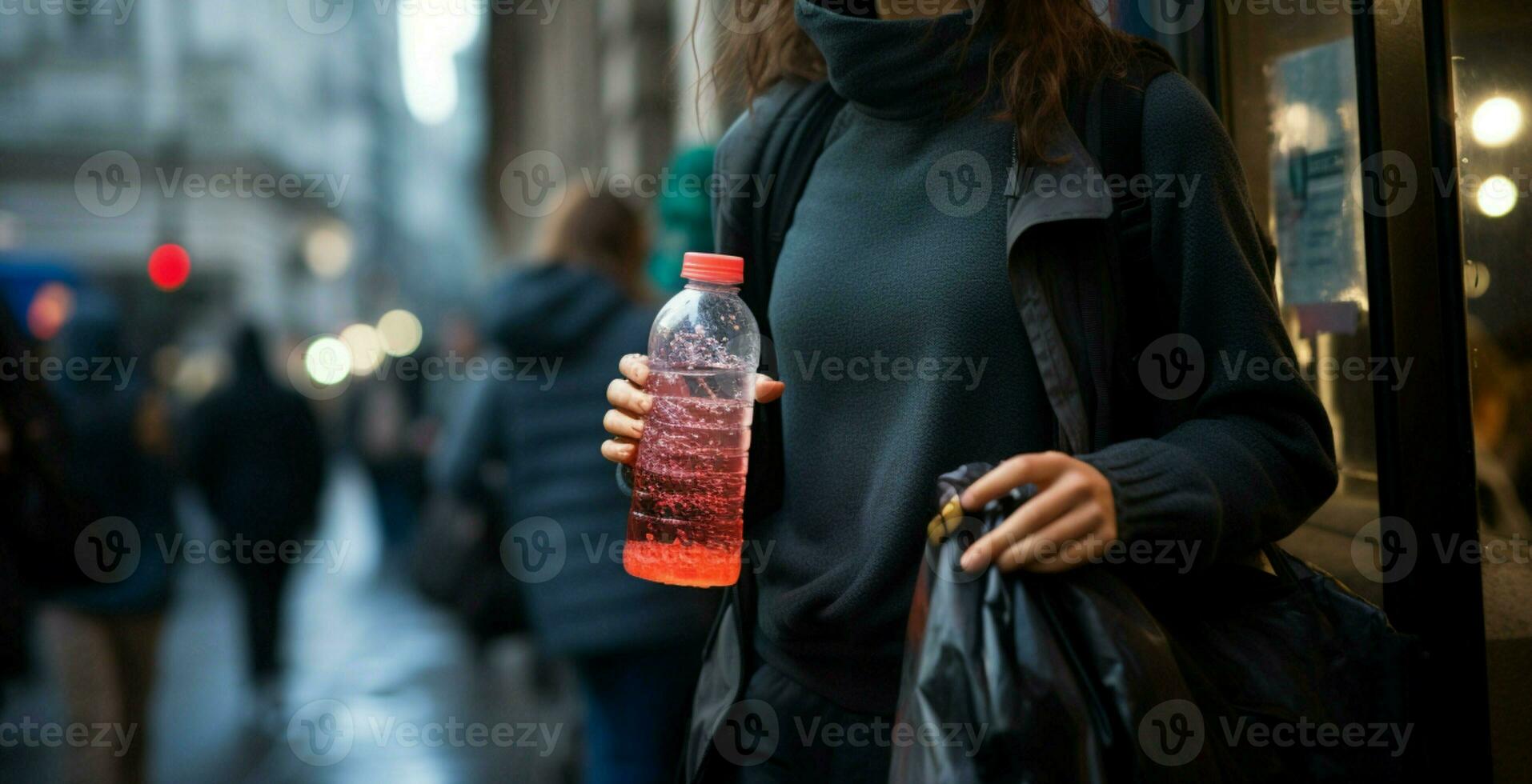 Young woman emerging from subway, grasping a water bottle, amidst the bustling city AI Generated photo