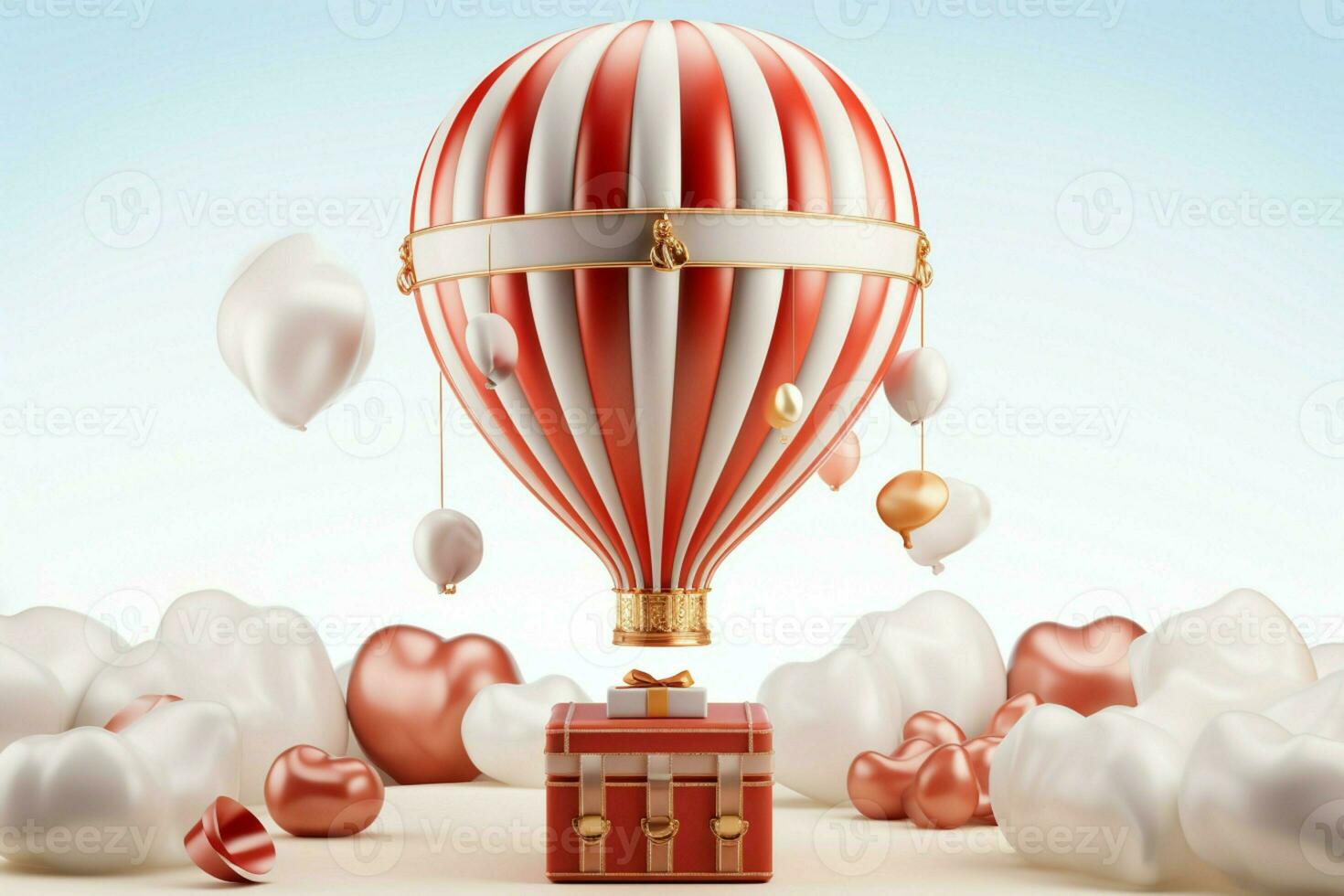 A 3D rendering captures the charm of a hot air balloon and gift box AI Generated photo