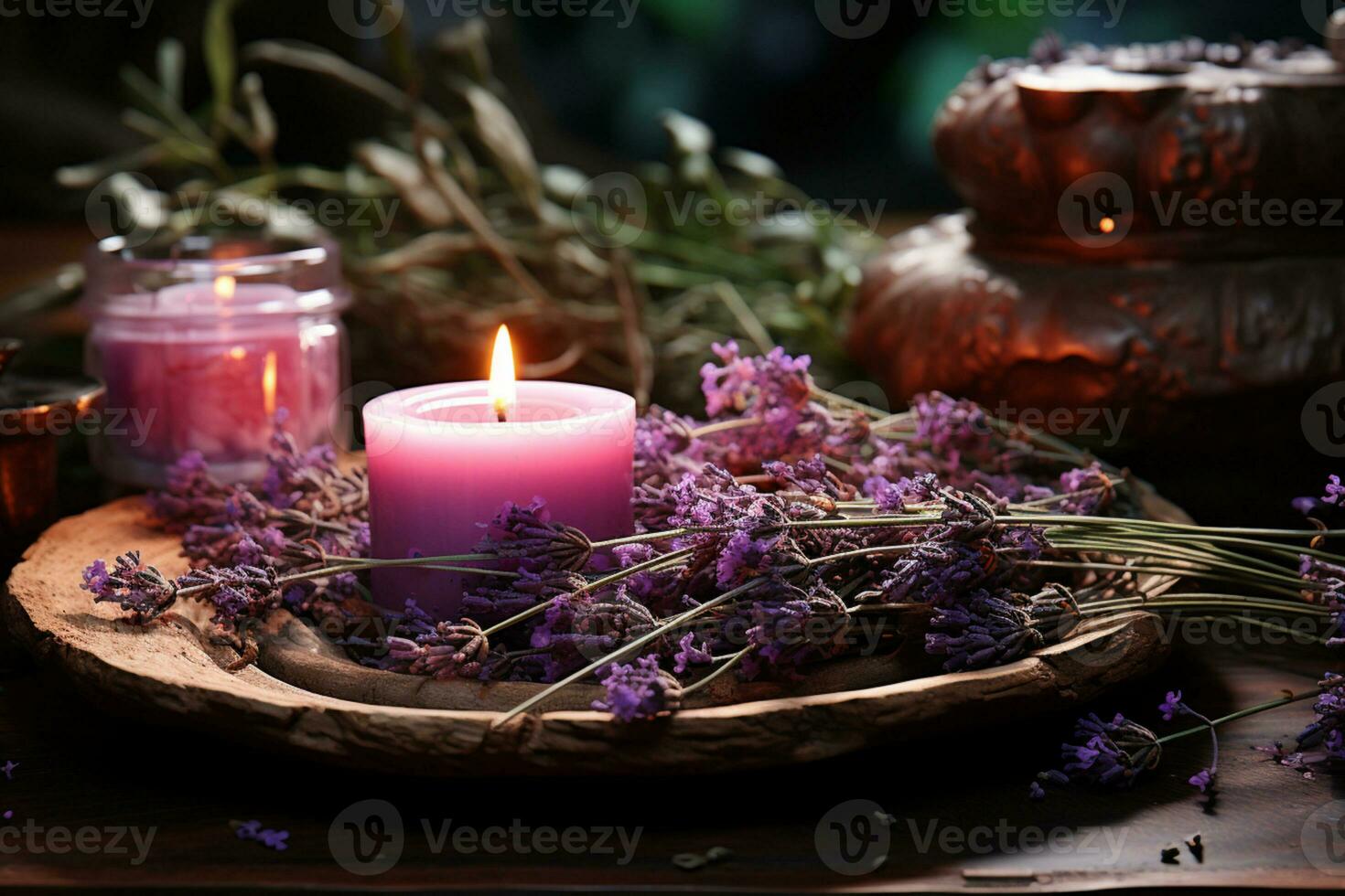 Tranquil environment candle, wooden dish, stones, lavender induce a meditative state  AI Generated photo