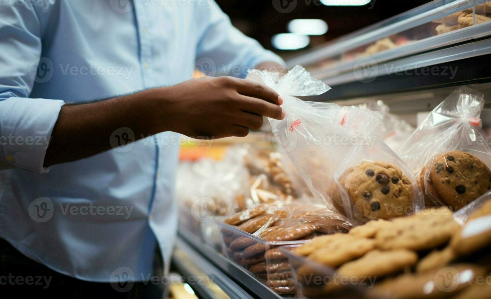 Mans close up action securing cookies inside a plastic bag during grocery shopping AI Generated photo