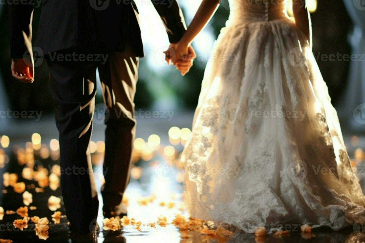 Theme harmonized bride and groom hold hands, reflecting their chosen wedding motif AI Generated photo