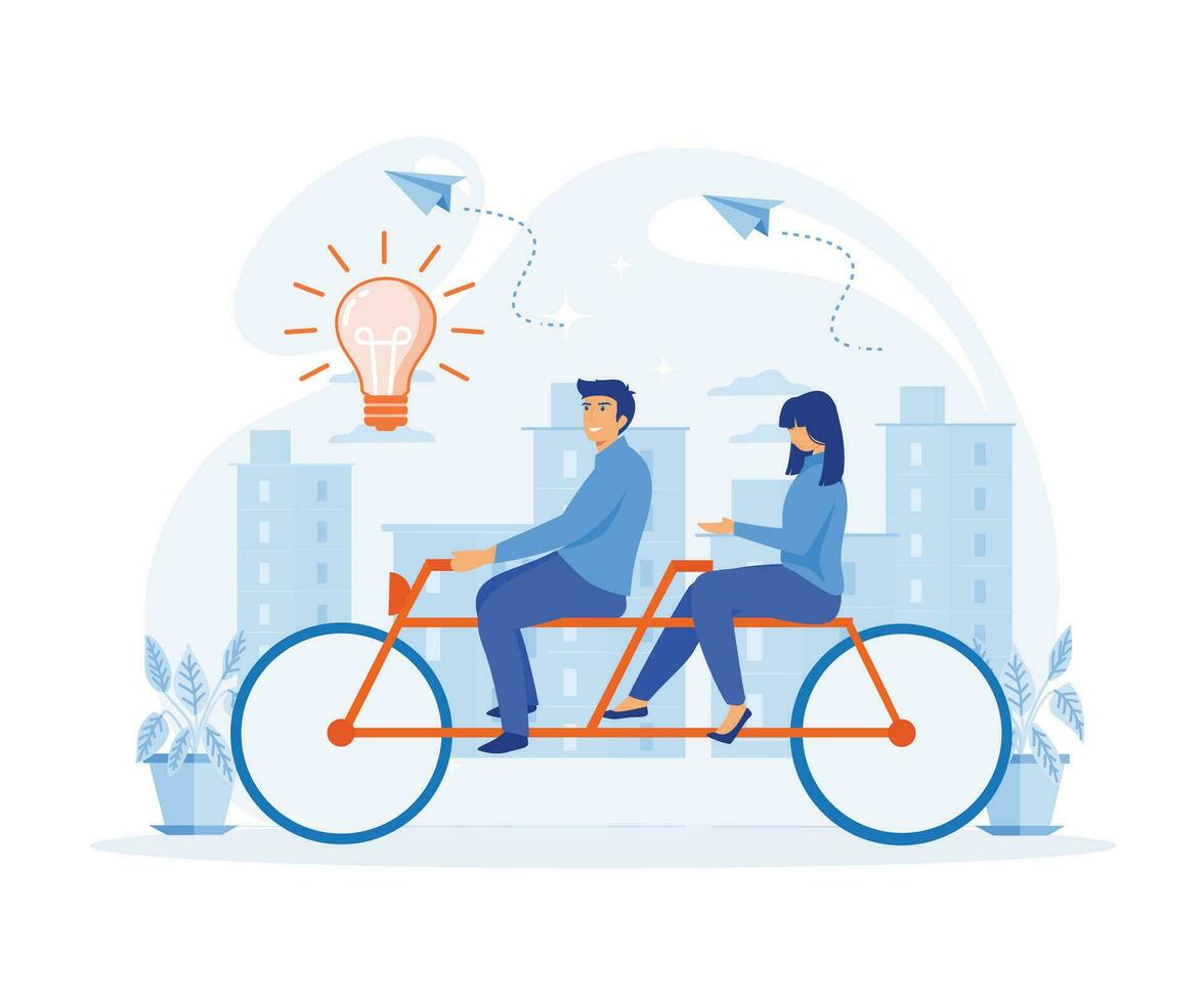 Creative Idea Teamwork Concept. Business Team Riding Tandem Bicycle, Cooperation Leadership. flat vector modern illustration