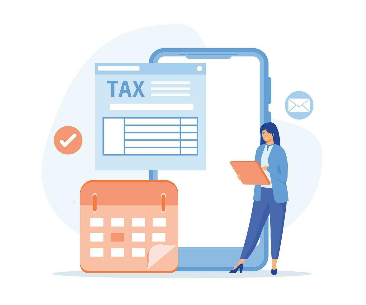 Taxation planning concept. Characters using tax calendar to filling tax declaration form online and with financial advice, flat vector modern illustration