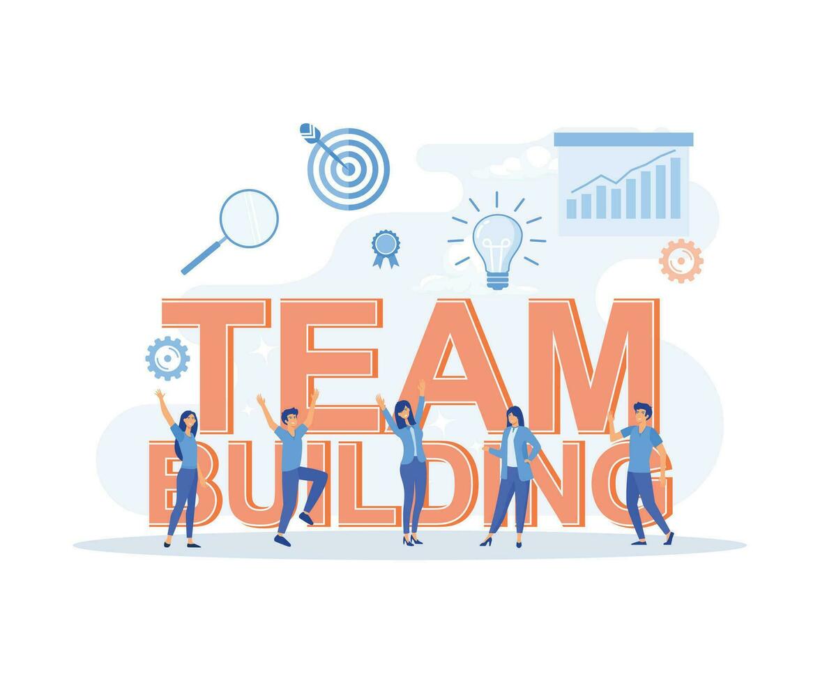team building people business concept, big words and people surrounded by related icon, flat vector modern illustration