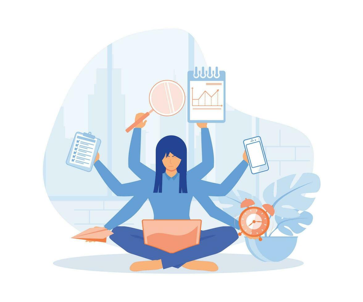 multitarea hora gestión. niña con muchos brazos se sienta en el yoga posición y haciendo muchos Tareas a el mismo tiempo. plano vector moderno ilustración