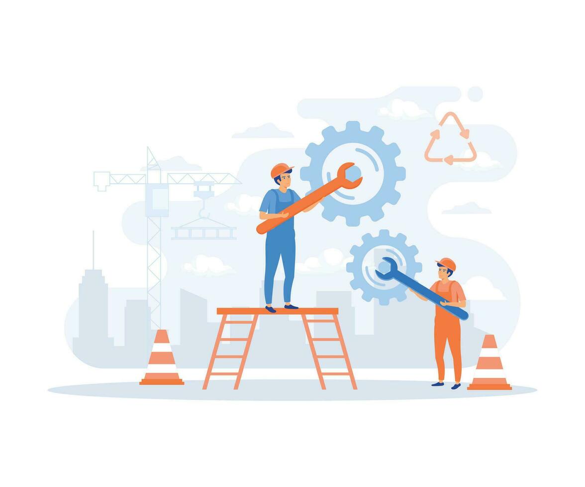 teamwork process concept, workers couple rotating cogwheels,  flat vector modern illustration