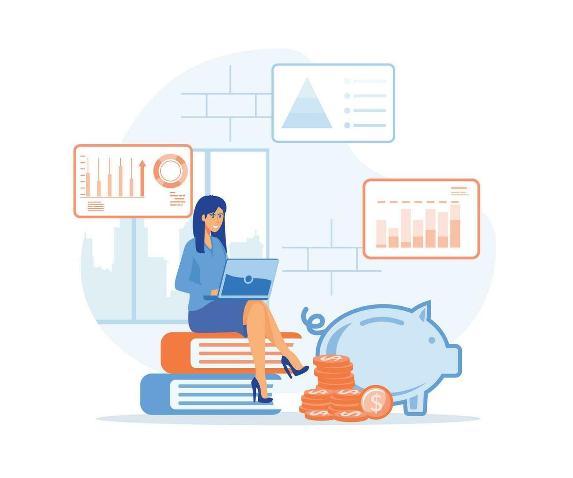 Finanzas ahorros concepto, un joven mujer trabajos a un ordenador portátil a estudiar y cumplir financiero ahorros. plano vector moderno ilustración