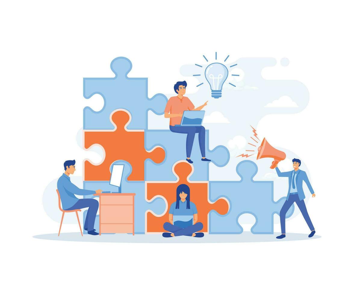 The concept of joint teamwork, building a business,  people connecting pieces of puzzles,  flat vector modern illustration