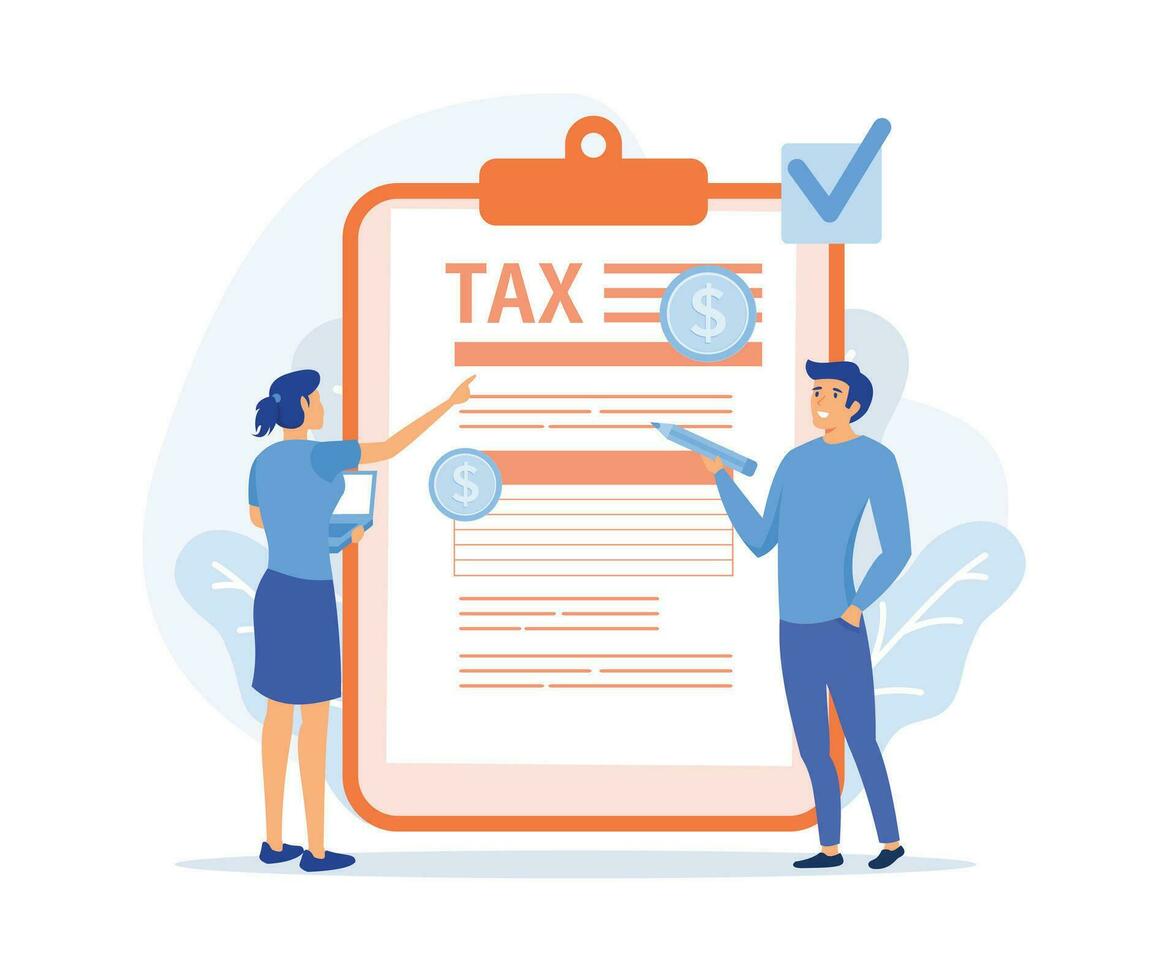 Taxation planning concept. Characters using tax calendar to filling tax declaration form online and with financial advice, flat vector modern illustration