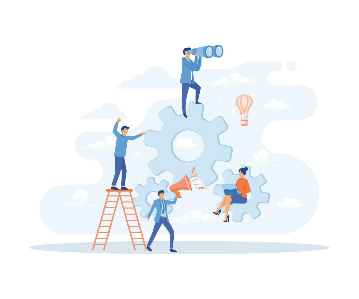 collaboration, teamwork, Team of businesspeople working with industrial gears,  flat vector modern illustration