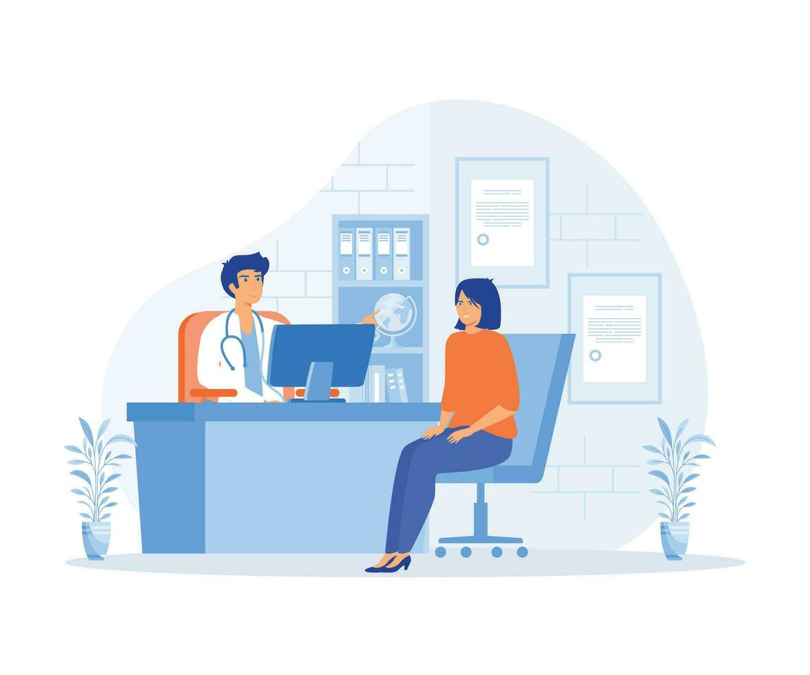 médico consulta concepto, facultativo médico hombre y joven mujer paciente en hospital médico oficina, plano vector moderno ilustración