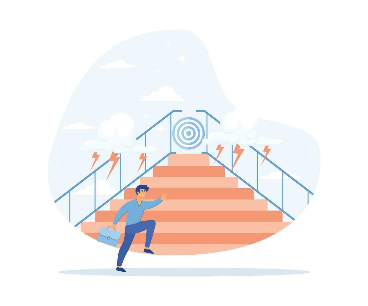 Businessman running up stairway to the target, Challenge, Trouble, obstacles, Path to the goal,  flat vector modern illustration