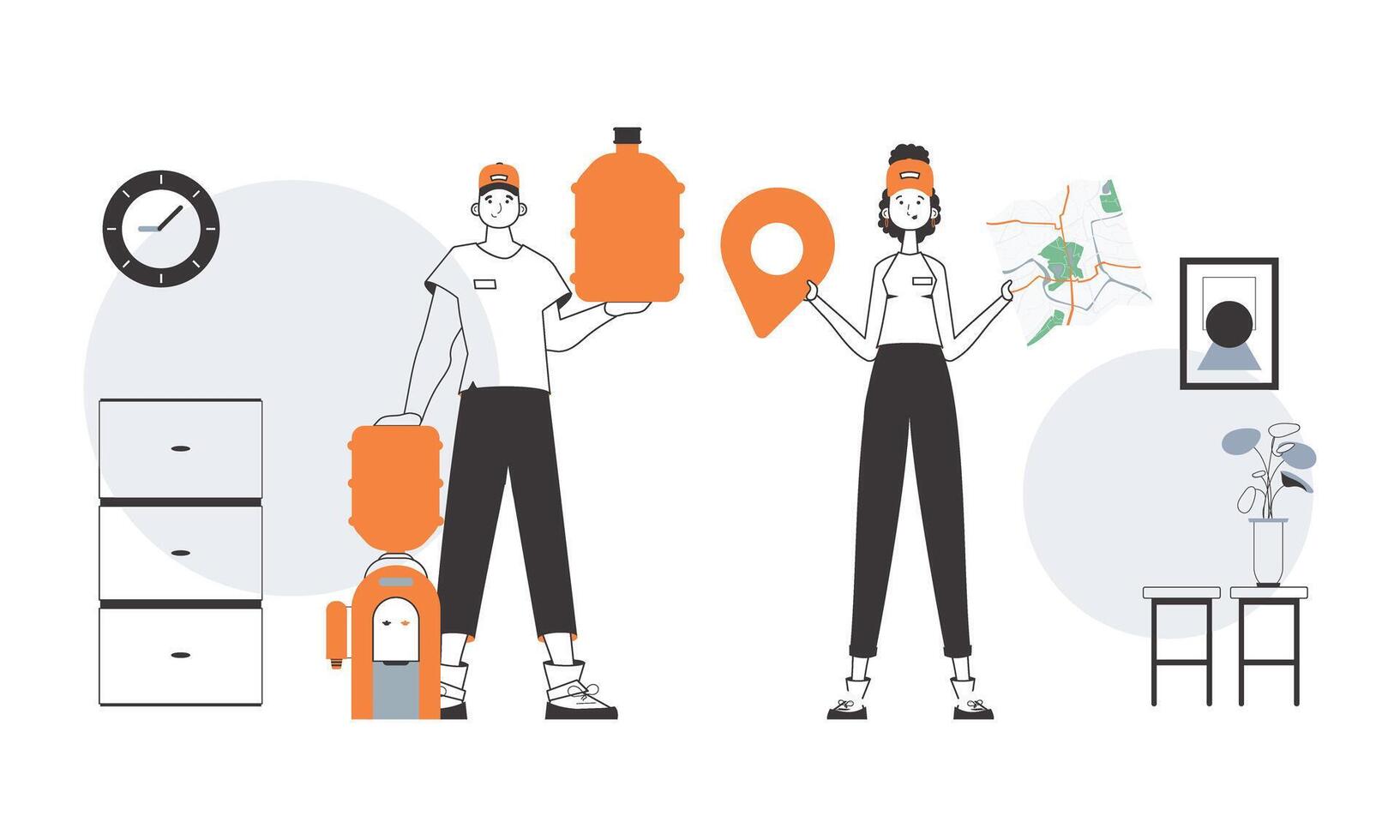 Water delivery concept. The guy and the girl deliver water to the office. Linear modern style. vector