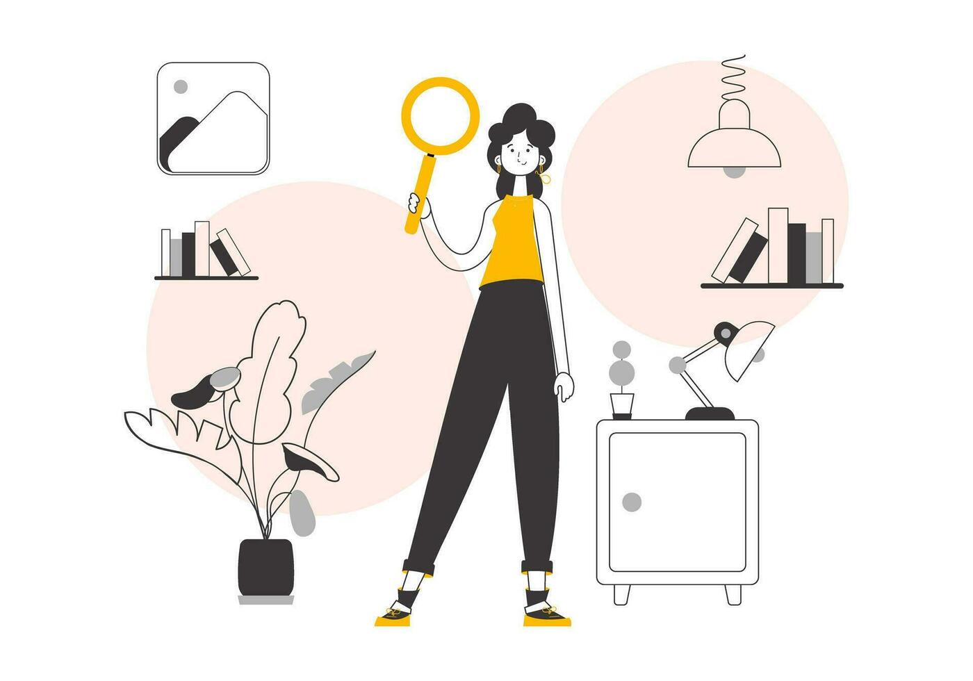 The girl is holding a magnifying glass in her hands. Search concept. Line art style. Vector illustration.