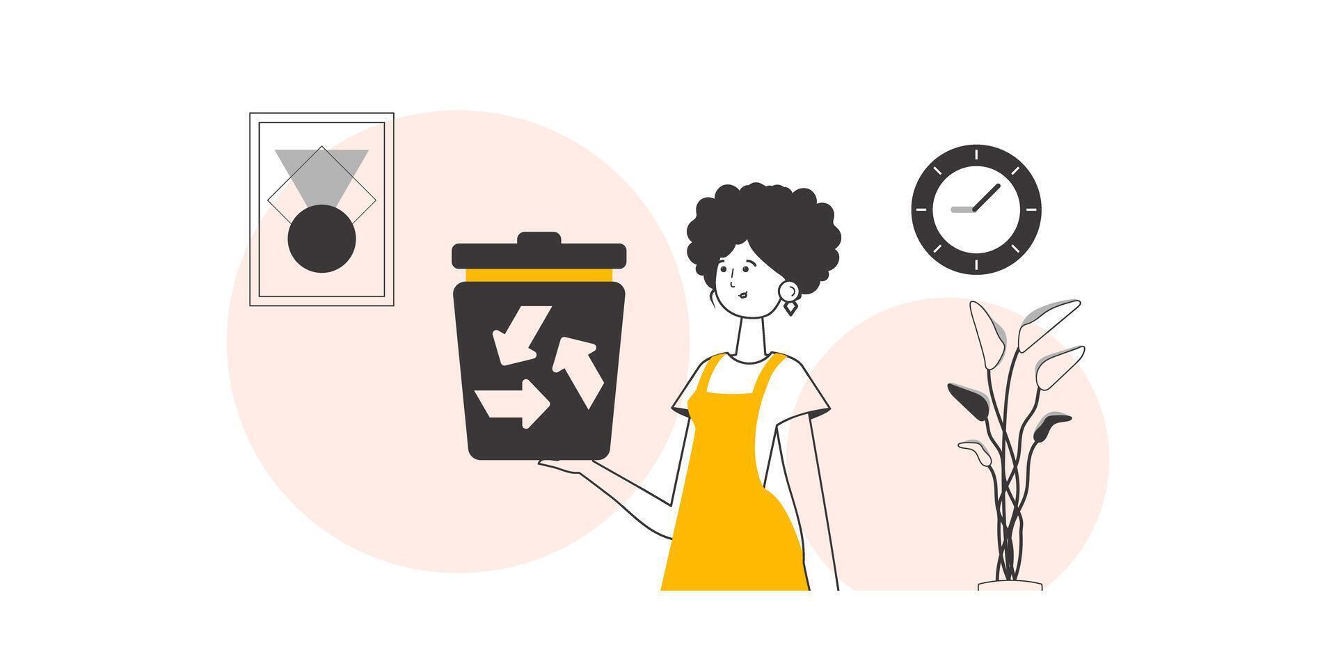 The girl is holding a trash can. The concept of recycling plastic and waste. Linear style. vector