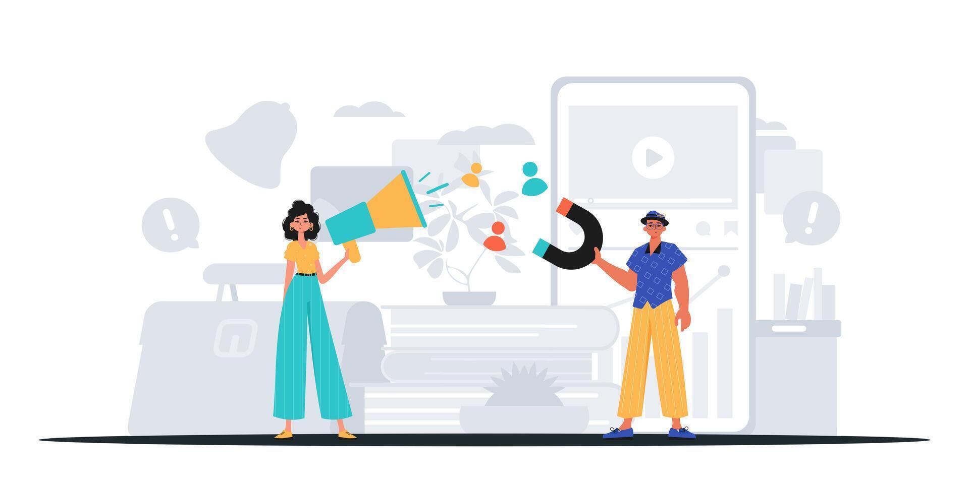 Two people are talking to each other in front of a phone vector