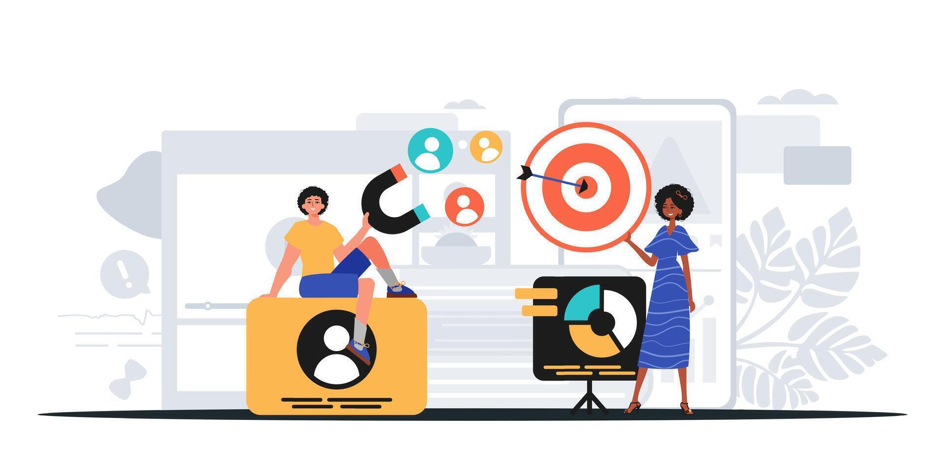 People are standing around a table with a target on it vector