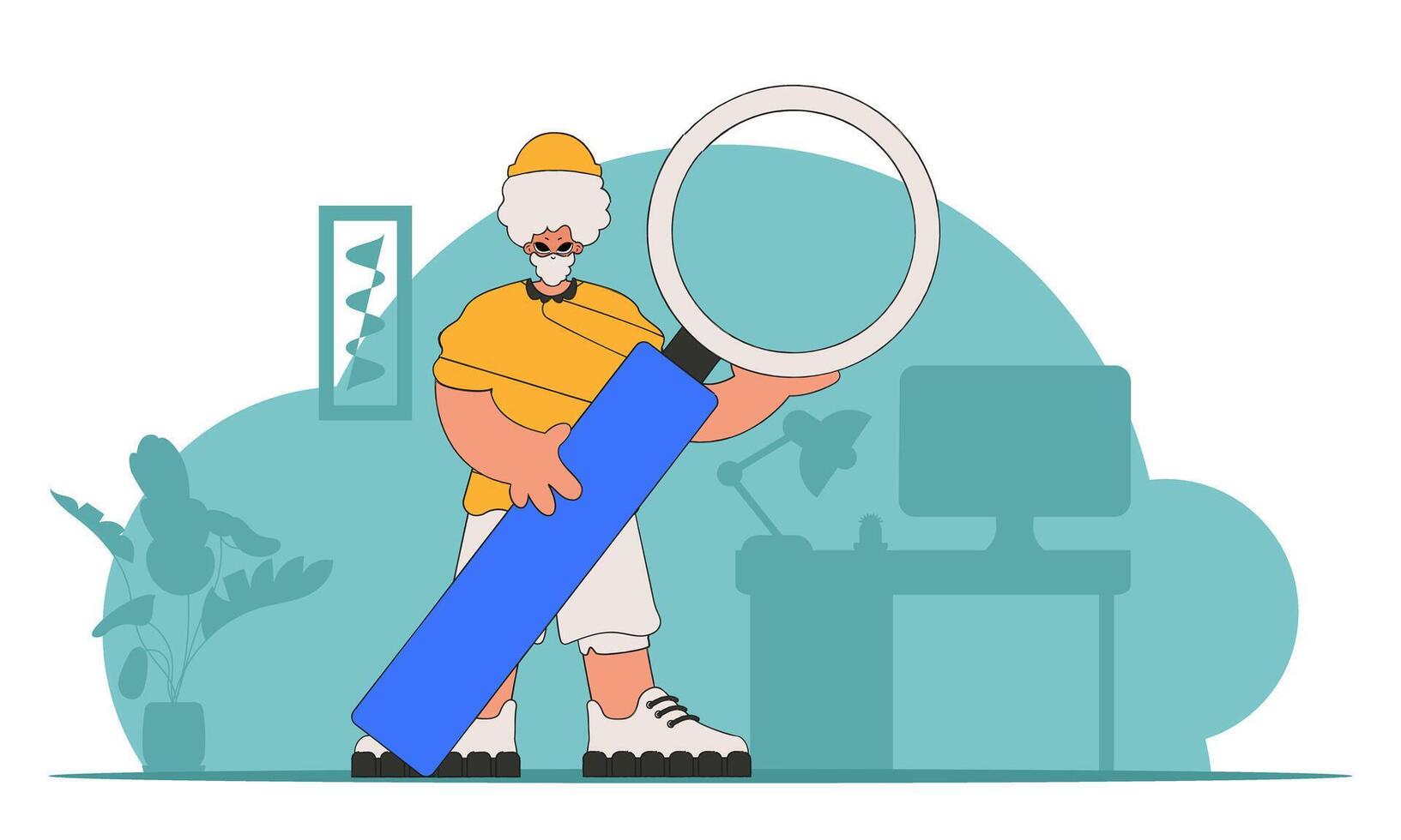 Concept Finding the necessary information on the Internet. The man is holding a magnifying glass. Linear retro style character. vector