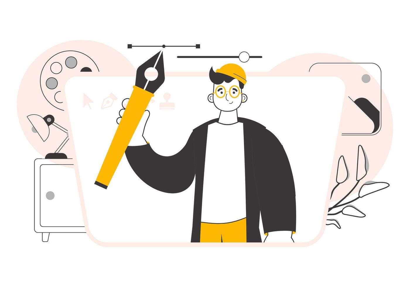 The designer guy holds a pen tool for 2D graphics in his hand. Linear trendy style. Vector illustration.