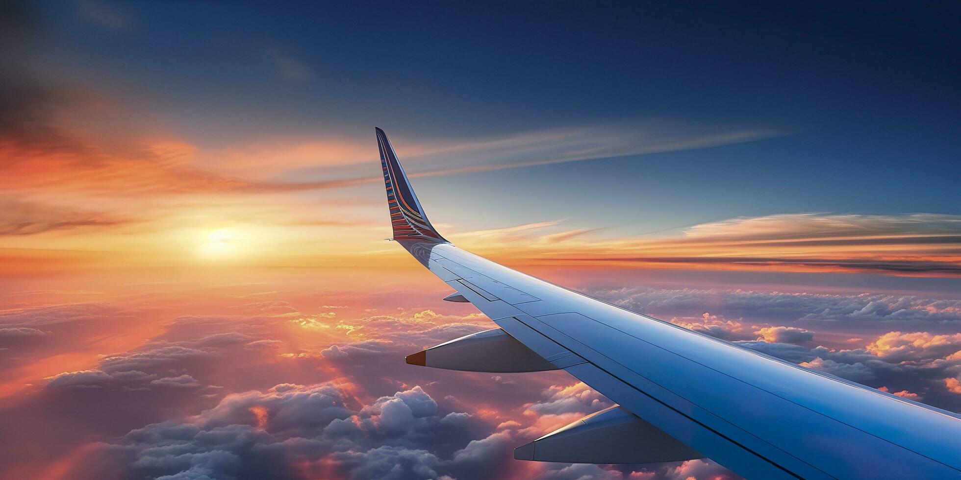 Airplane plane wing at sunset time through clouds, AI Generative photo