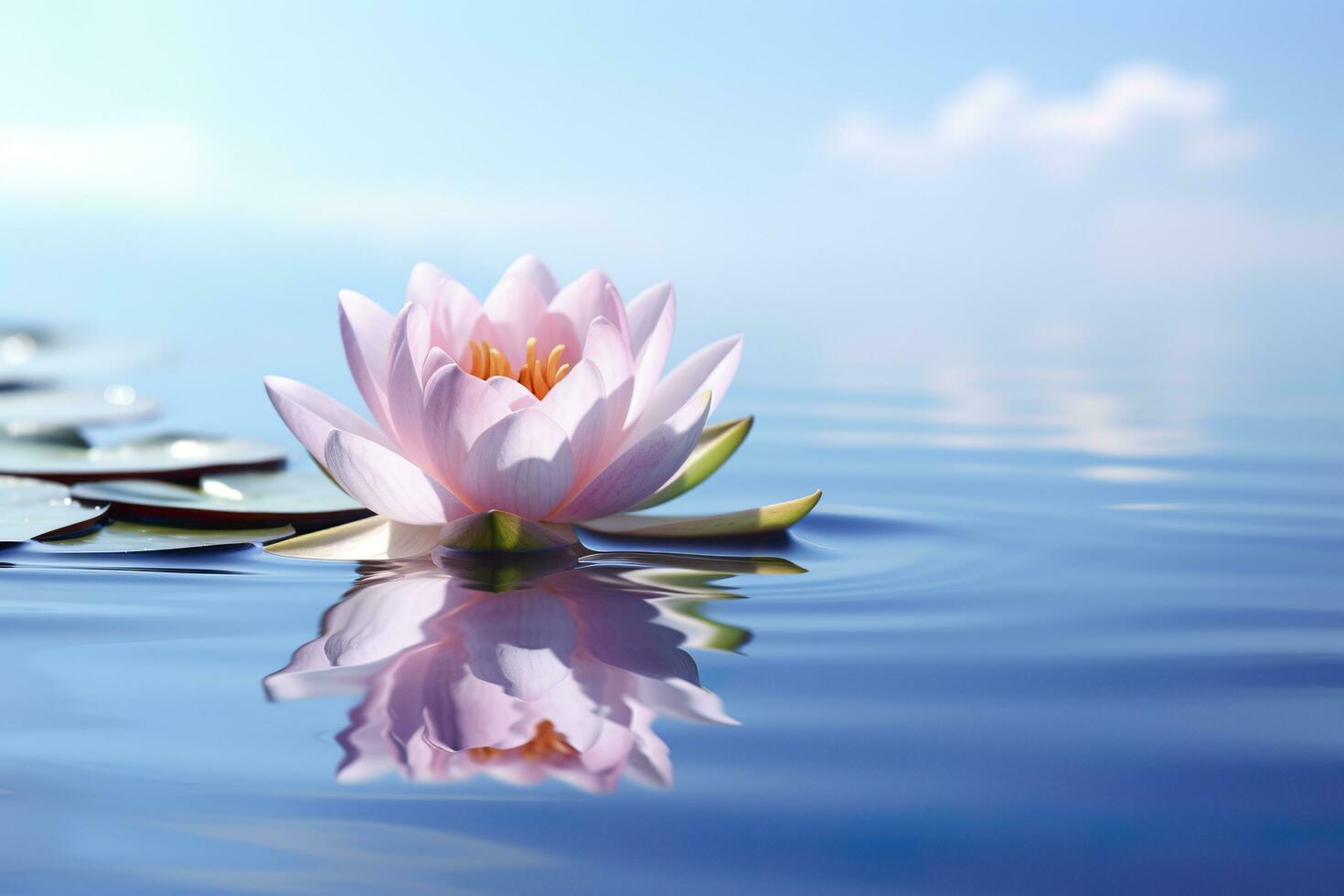 A floating lotus flower on the calm surface of a pond symbolizes the potential for transformation and spiritual growth through the practice of meditation and mindfulness. AI Generative photo