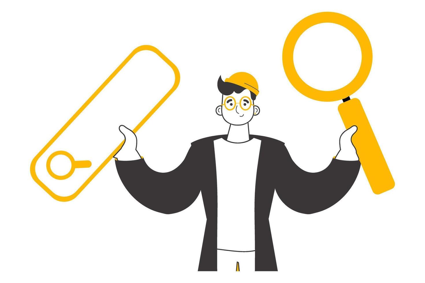 The guy is holding a magnifying glass in his hands. Search concept. Line art style. Isolated. Vector illustration.