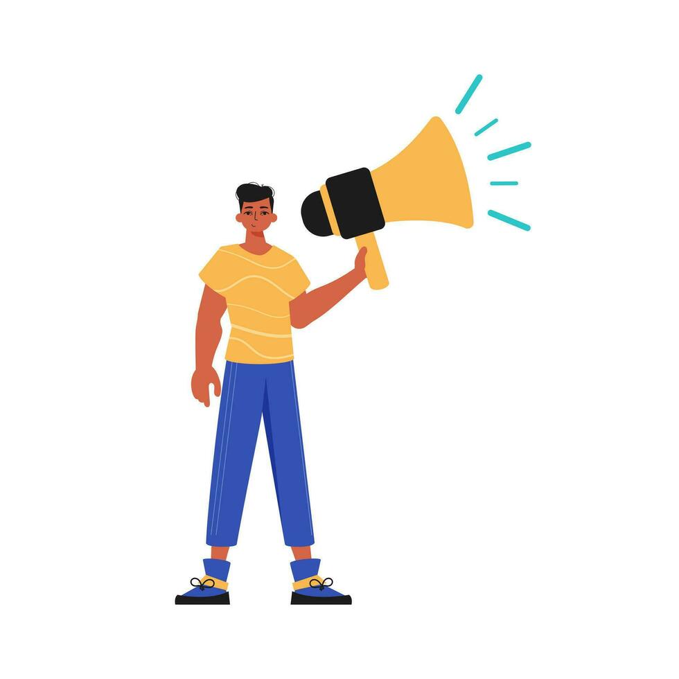 The guy is holding a bullhorn in his hand. Trendy style, Vector Illustration