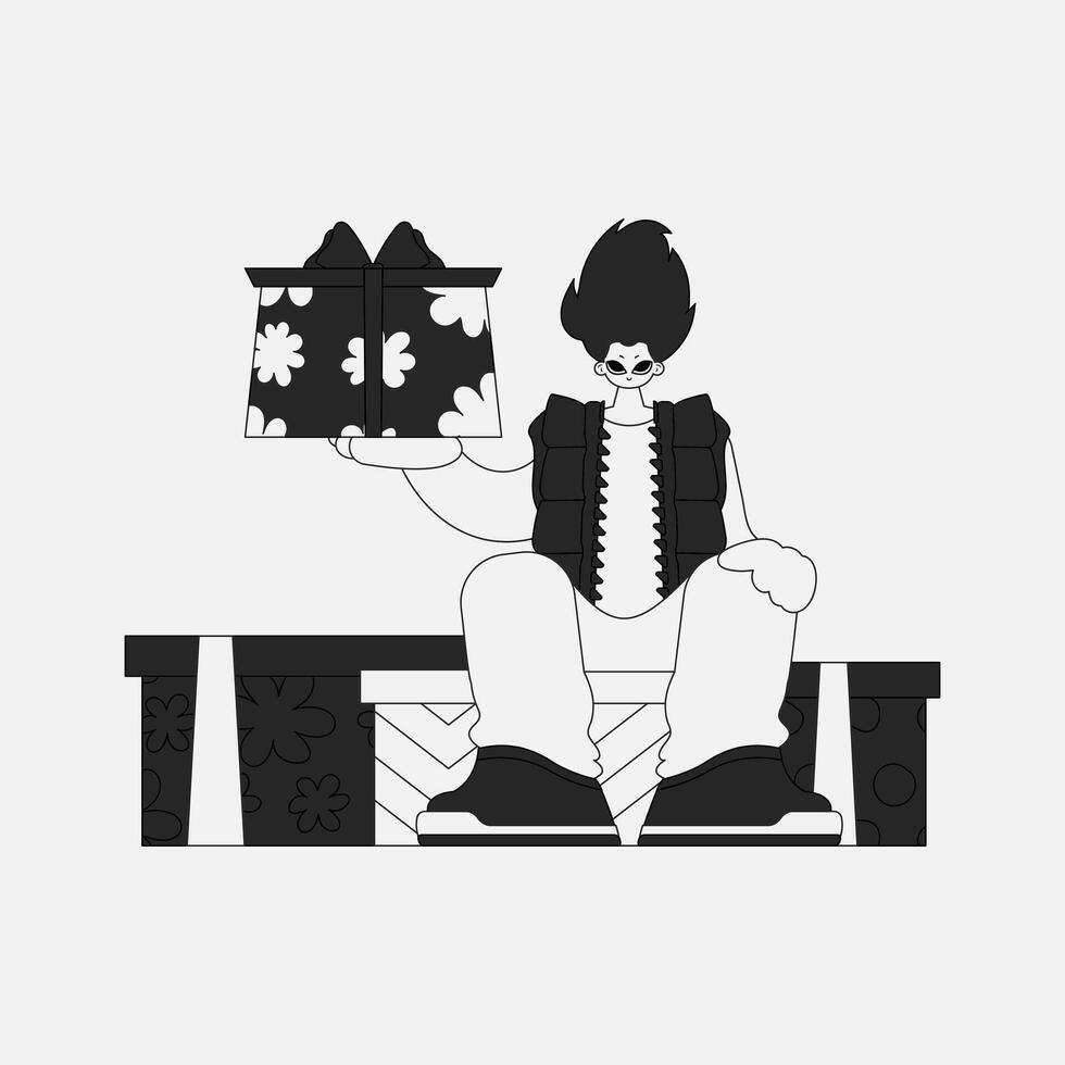 A unique man holds a gift in his hands. Black and white style. vector