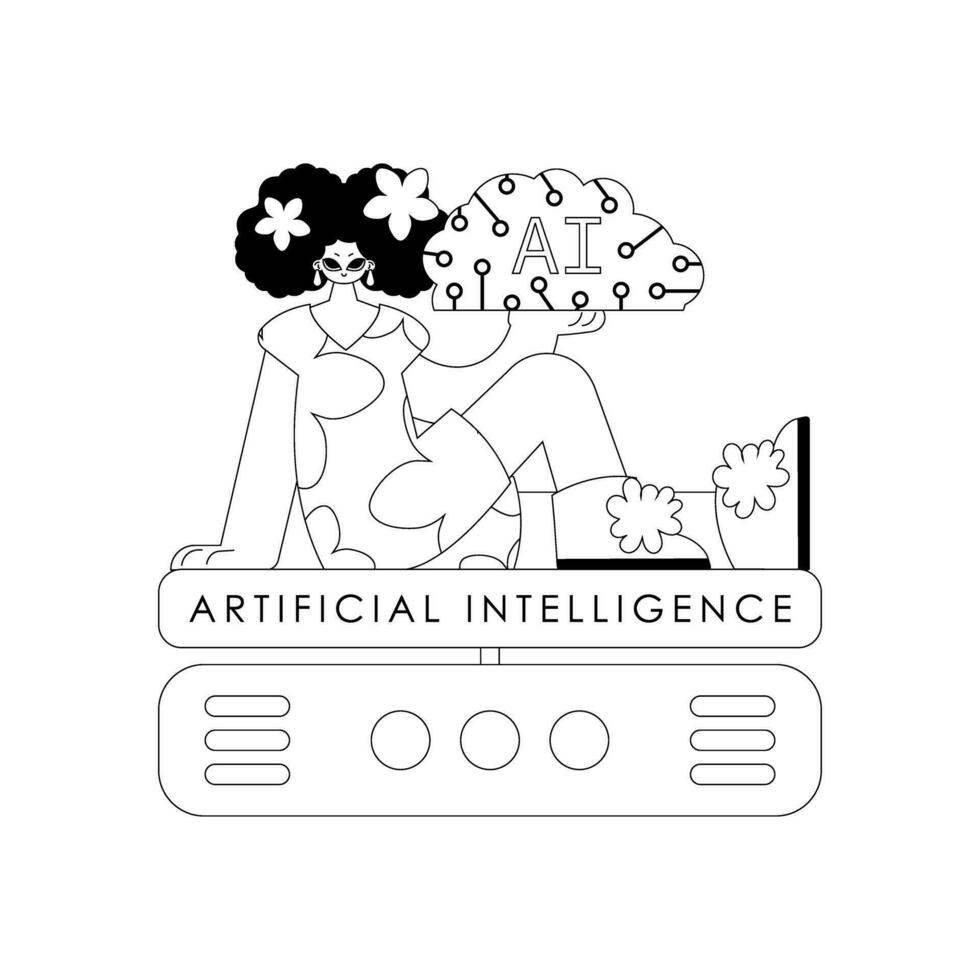Girl and AI server, in a linear vector style illustrating the artificial intelligence theme