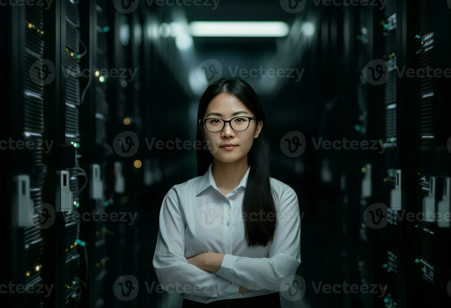 Asian engineer server room data. Generate Ai photo