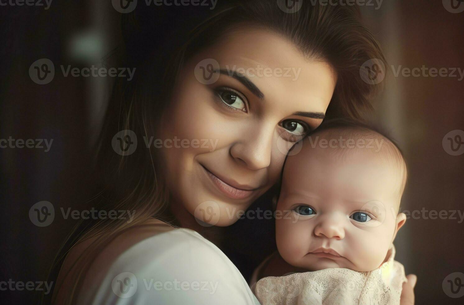 belleza madre bebé sonriente disparo. generar ai foto