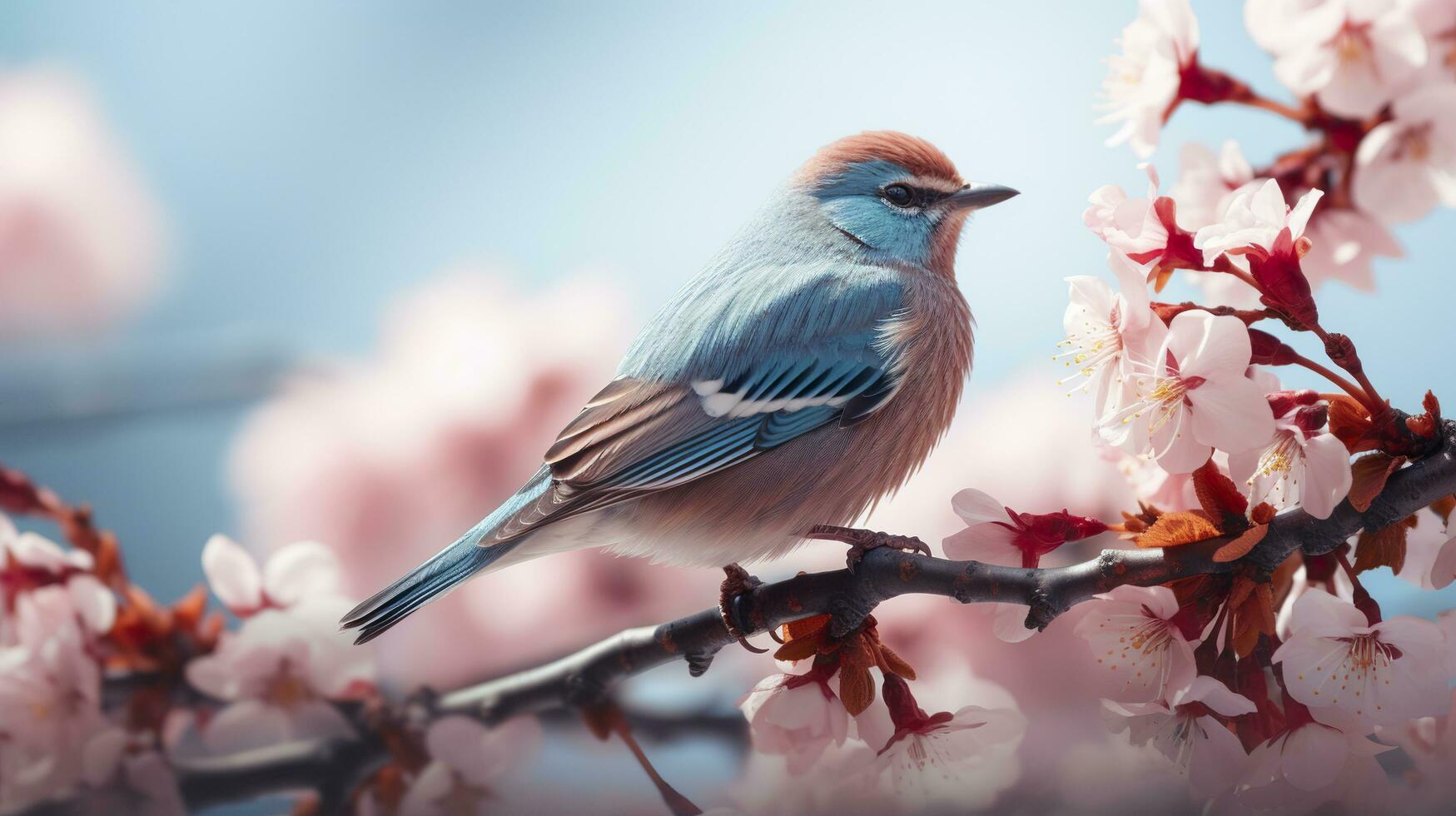Birds sitting in a tree filled with cherry blossom flowers. Generative AI photo