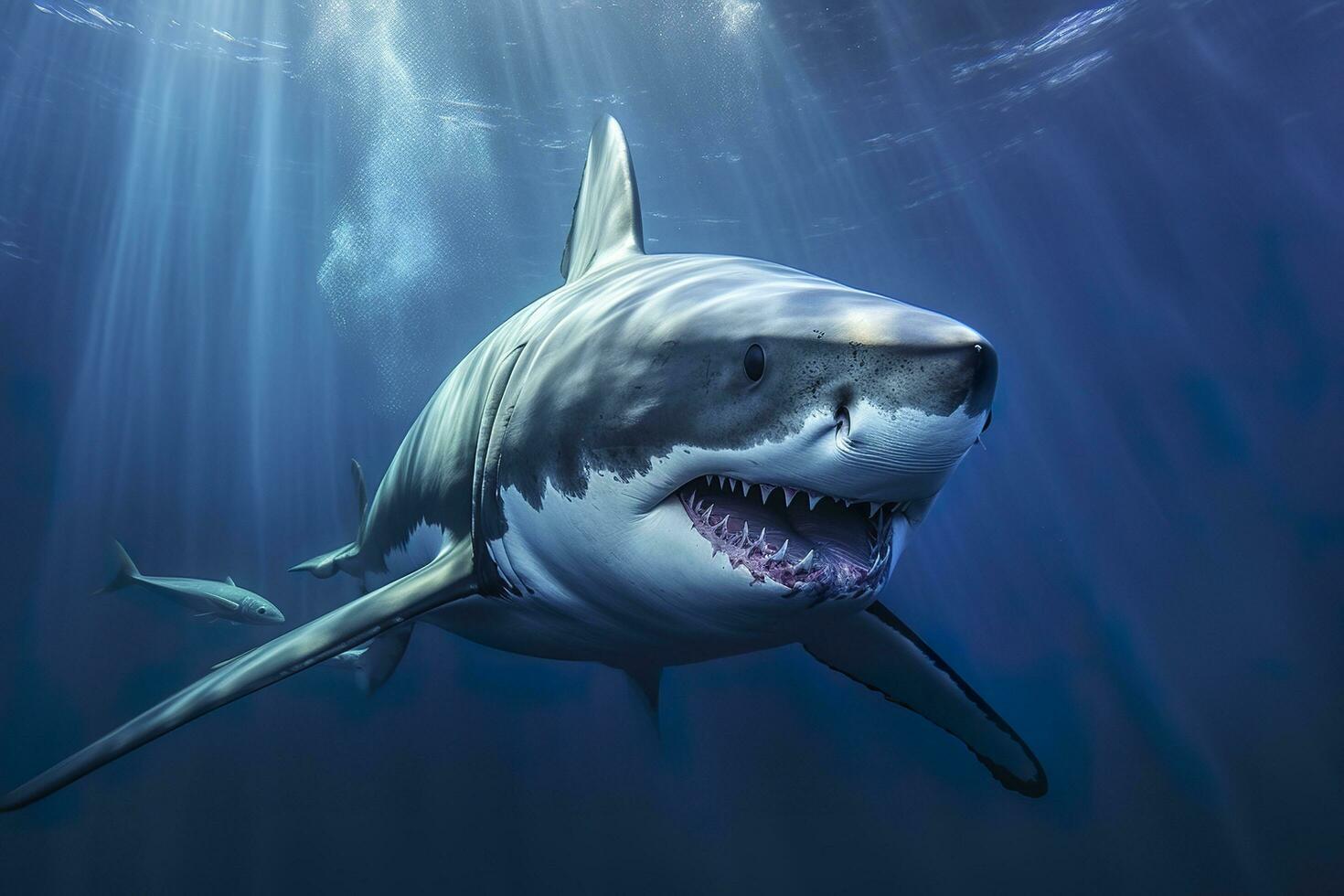 The King of the Ocean, The Great White male shark Hunter underwater view, Guadalupe island, Mexico. AI Generative photo