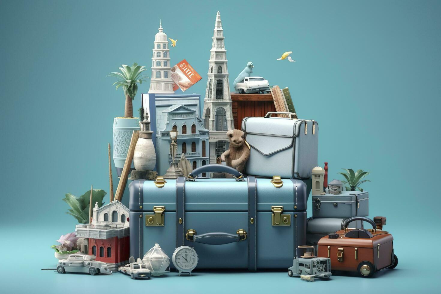 Blue suitcase full of landmarks and travel accessories on blue background. Generative AI photo