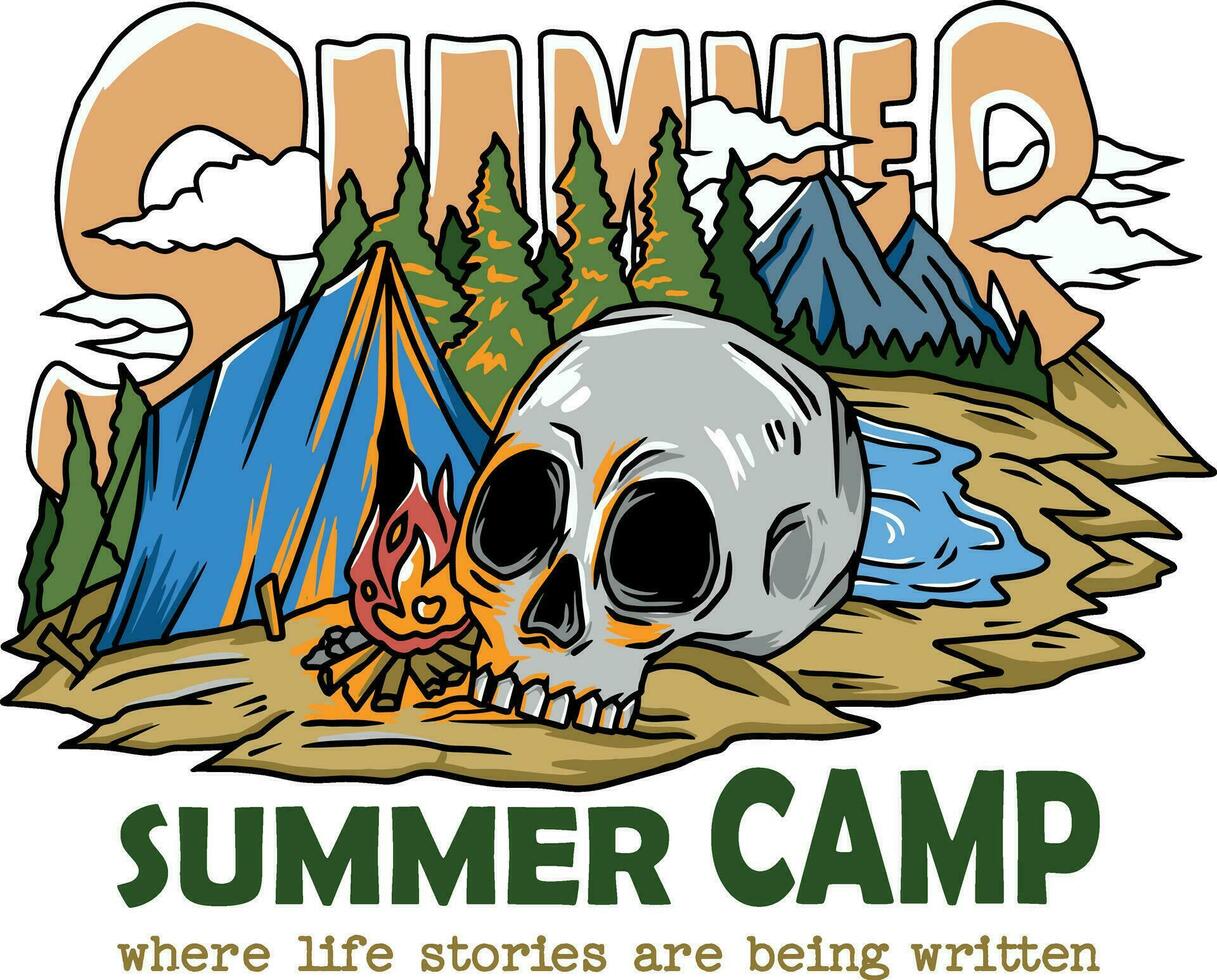 ilustración de un esqueleto, hoguera, y un tienda a verano acampar vector