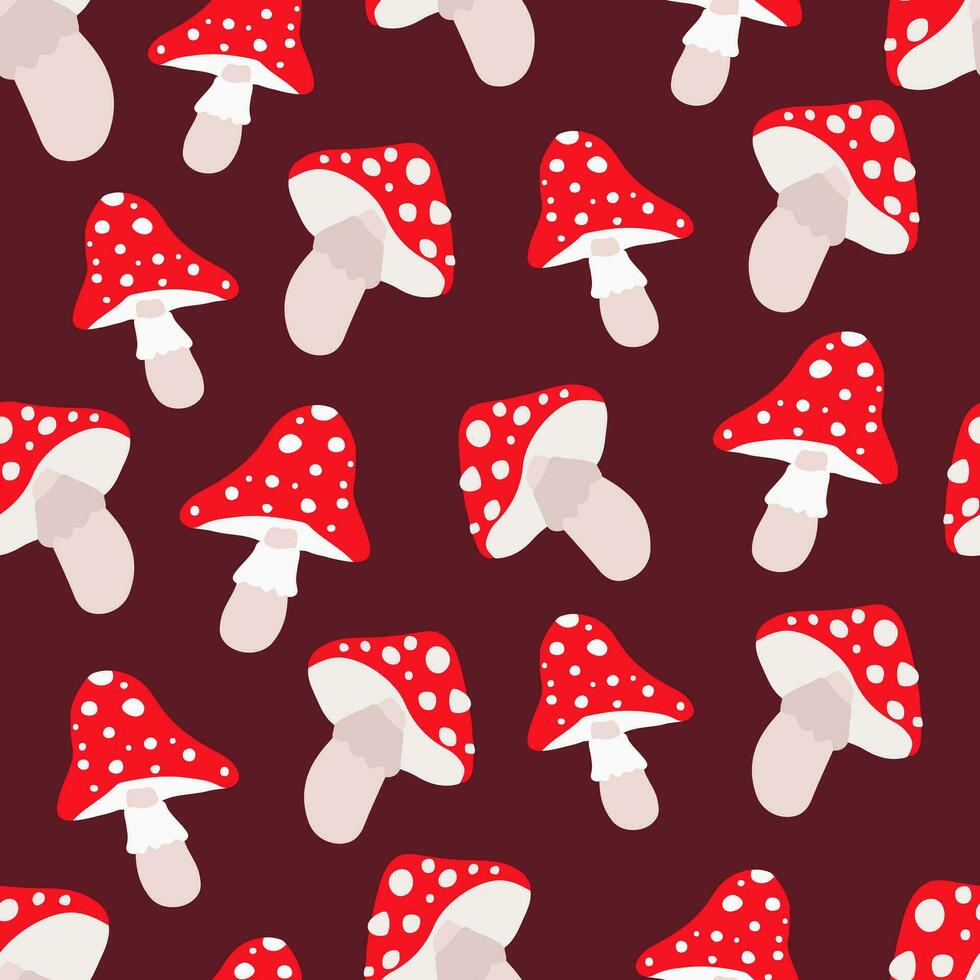 Amanita mushroom seamless pattern. Fly-agaric muscaria silhouettes wallpaper. Autumn season retro style textile print. Simple botanical background. Minimal design organic backdrop. vector