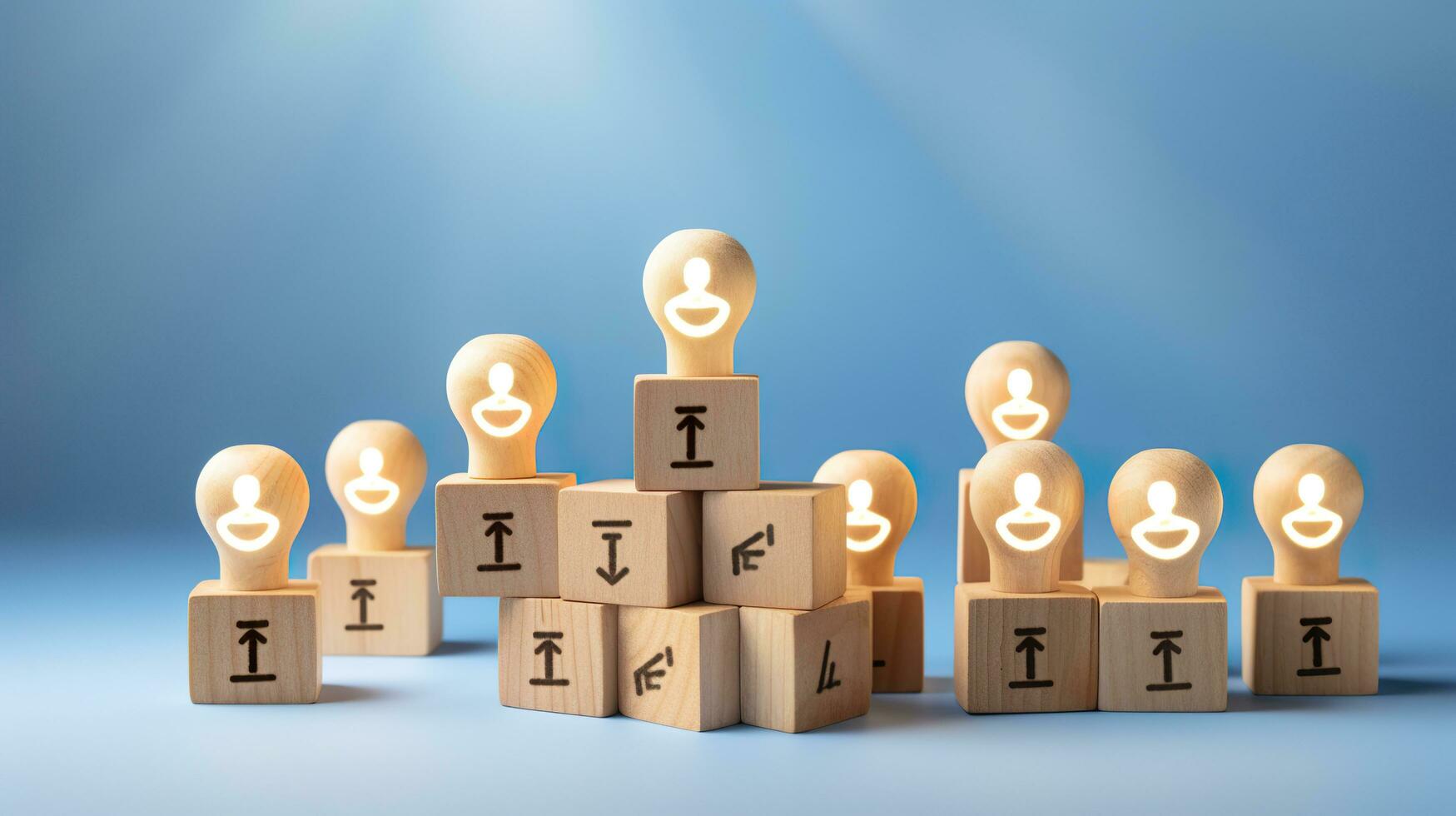 Many wooden cubes with people symbols and one with a lightbulb symbol on blue background. AI Generative photo