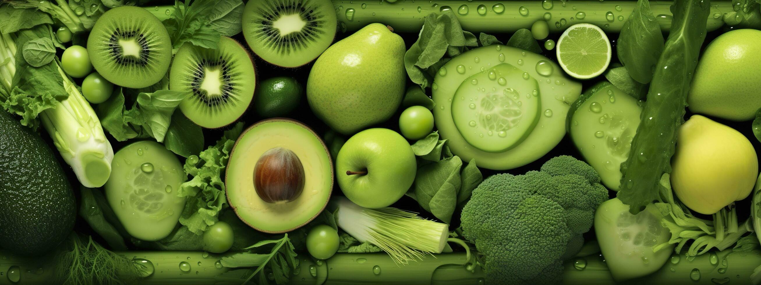 Banner layout of green fruits and vegetables. Generative AI. photo