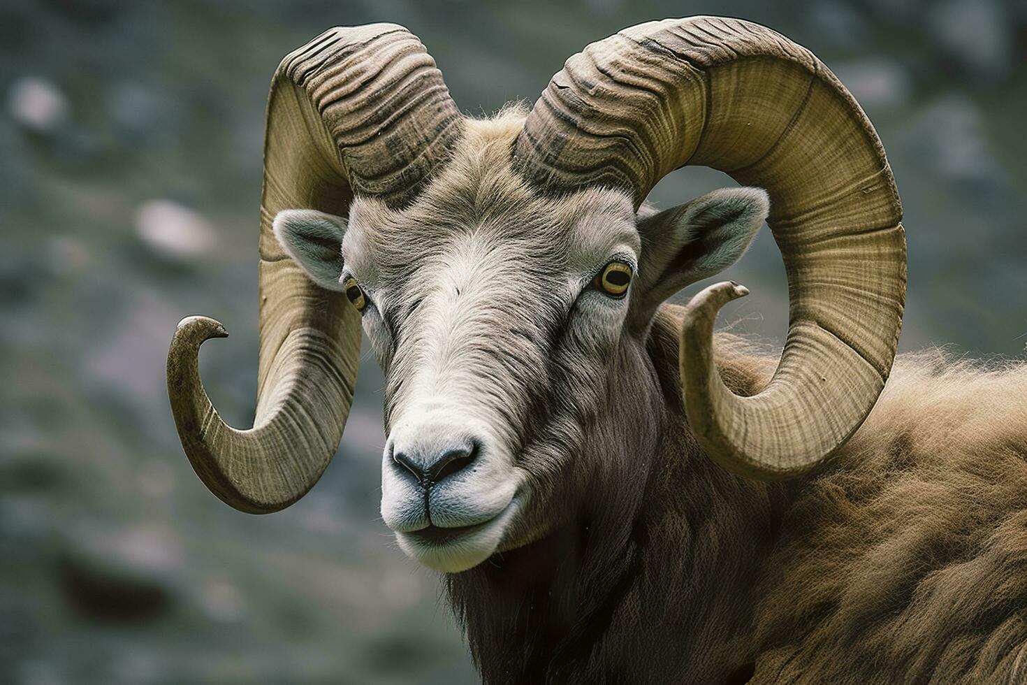 Close up of curious ram. Generative AI photo