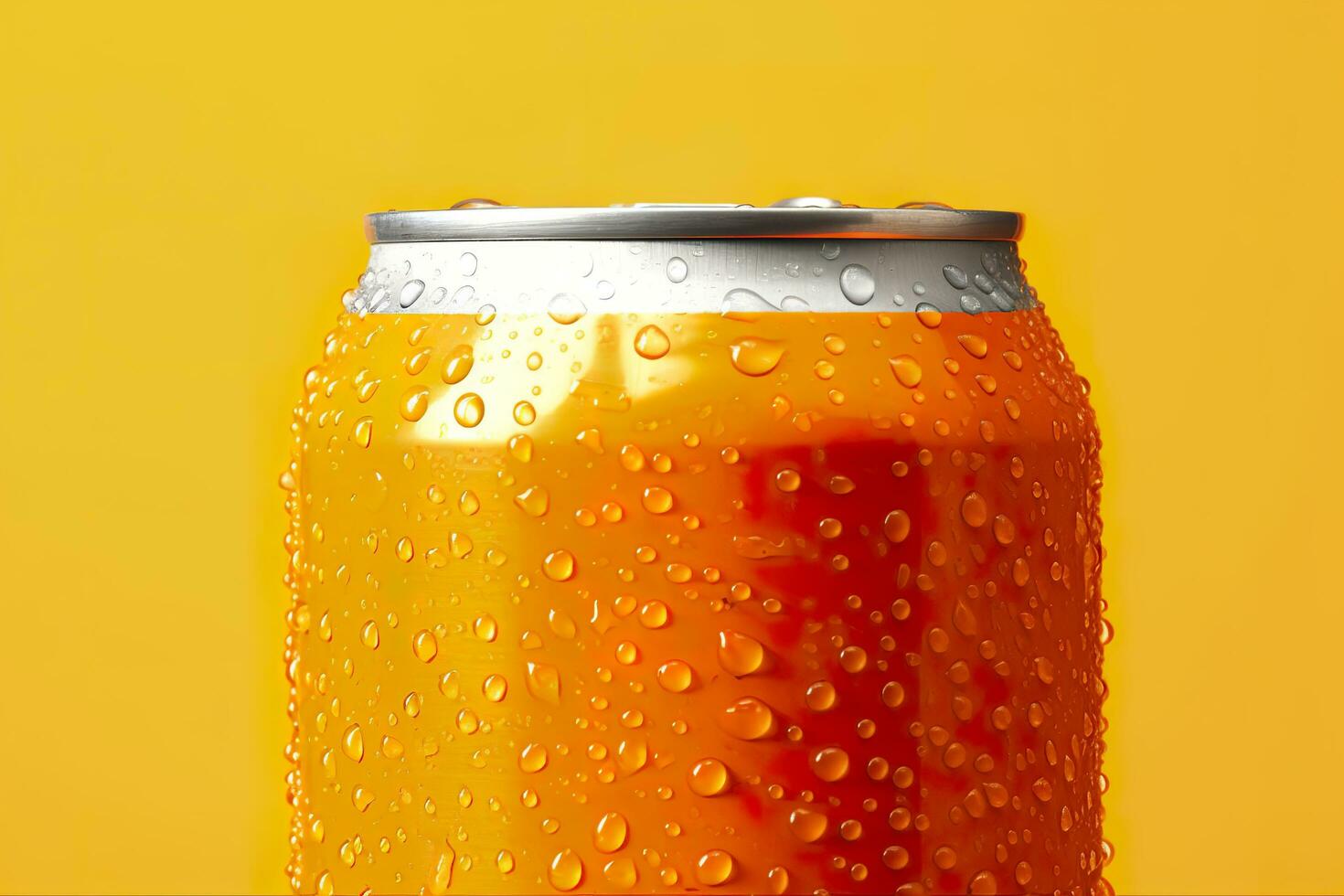 Can of fresh soda with water drops on orange background, closeup. Generative AI photo