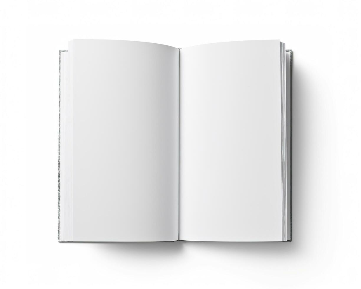 Blank opened book mockup, top view, isolated on white background. Generative AI photo