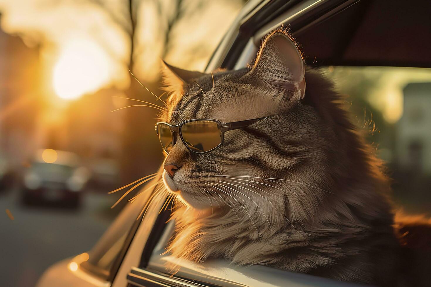 Capture a dreamy reflection by photographing a cat wearing sunglasses with a vintage Leica M6, highlighting the texture and contrast of an old timer car. AI Generative photo