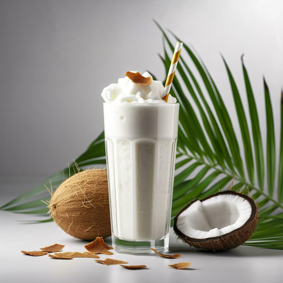 Coconut milk shake glass with fresh sliced coconut. Generative AI photo