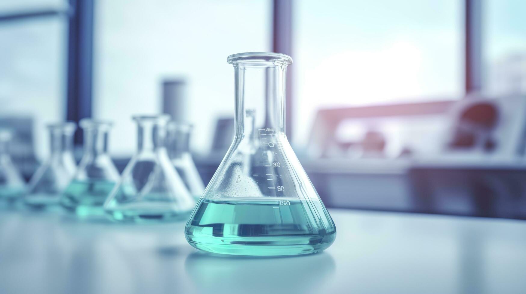 A Science Beaker in the laboratory on a table white and light blue background. laboratory equipment out of focus. AI Generative photo