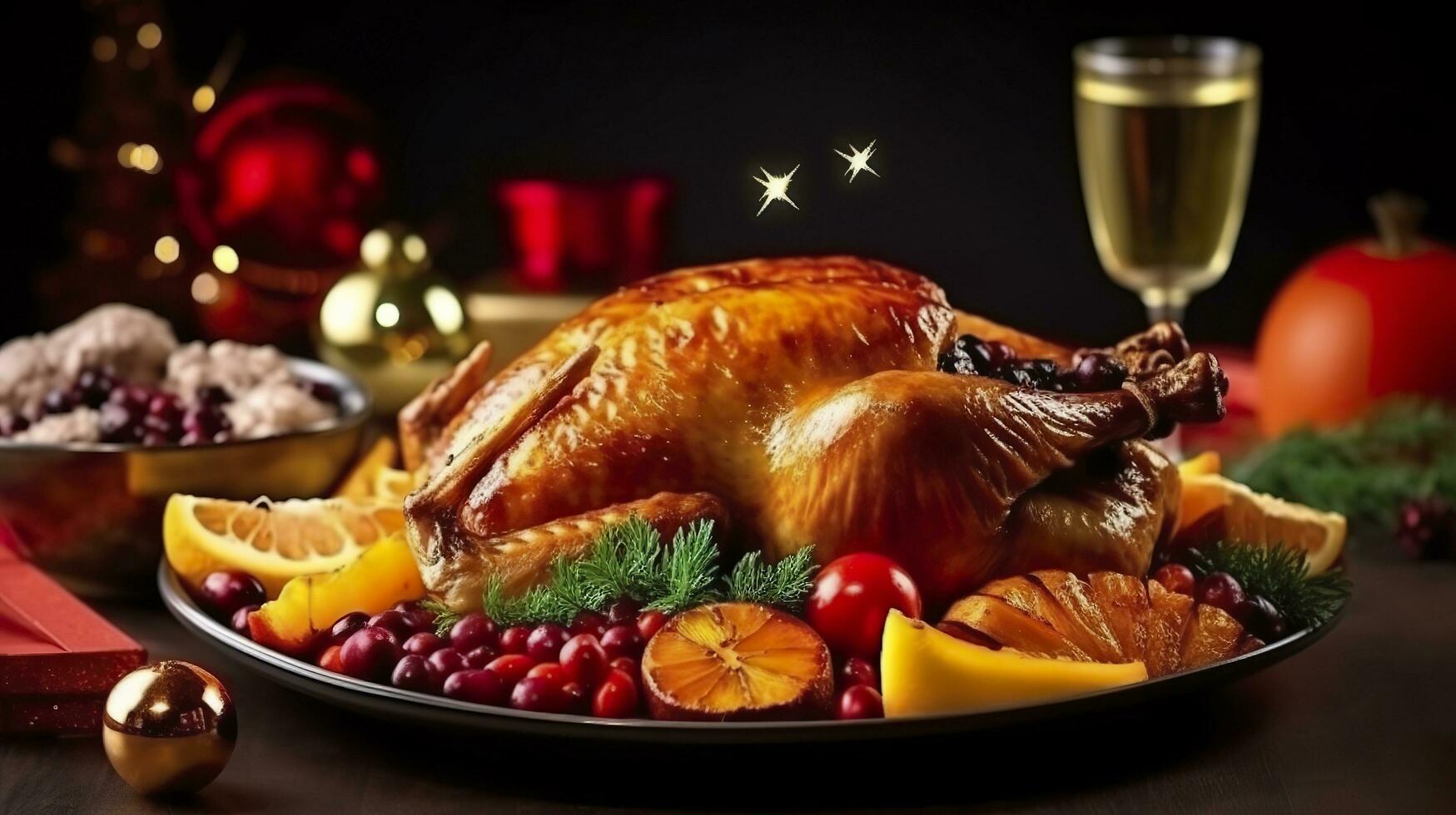Juicy and tasty roast turkey on a plate with Christmas decorations. Roasted chicken with vegetables, Roast chicken party, all kinds of food, beer. AI Generative photo
