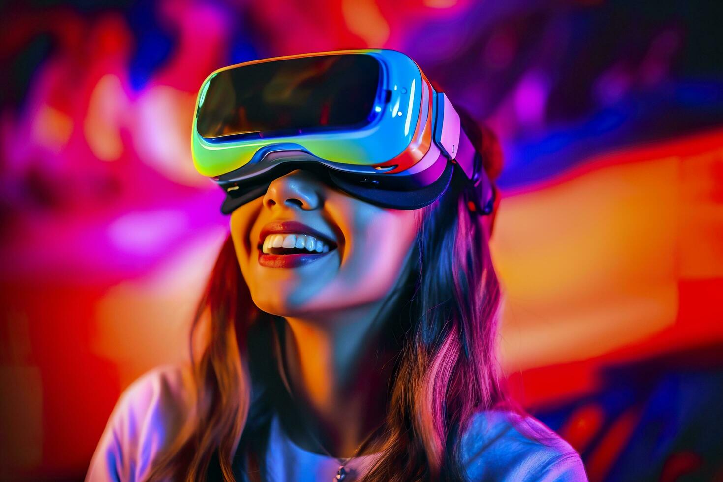 portrait of a smiling woman in casual clothes wearing Virtual Reality glasses, and playing, neo light, blurred neo color background, AI Generative photo