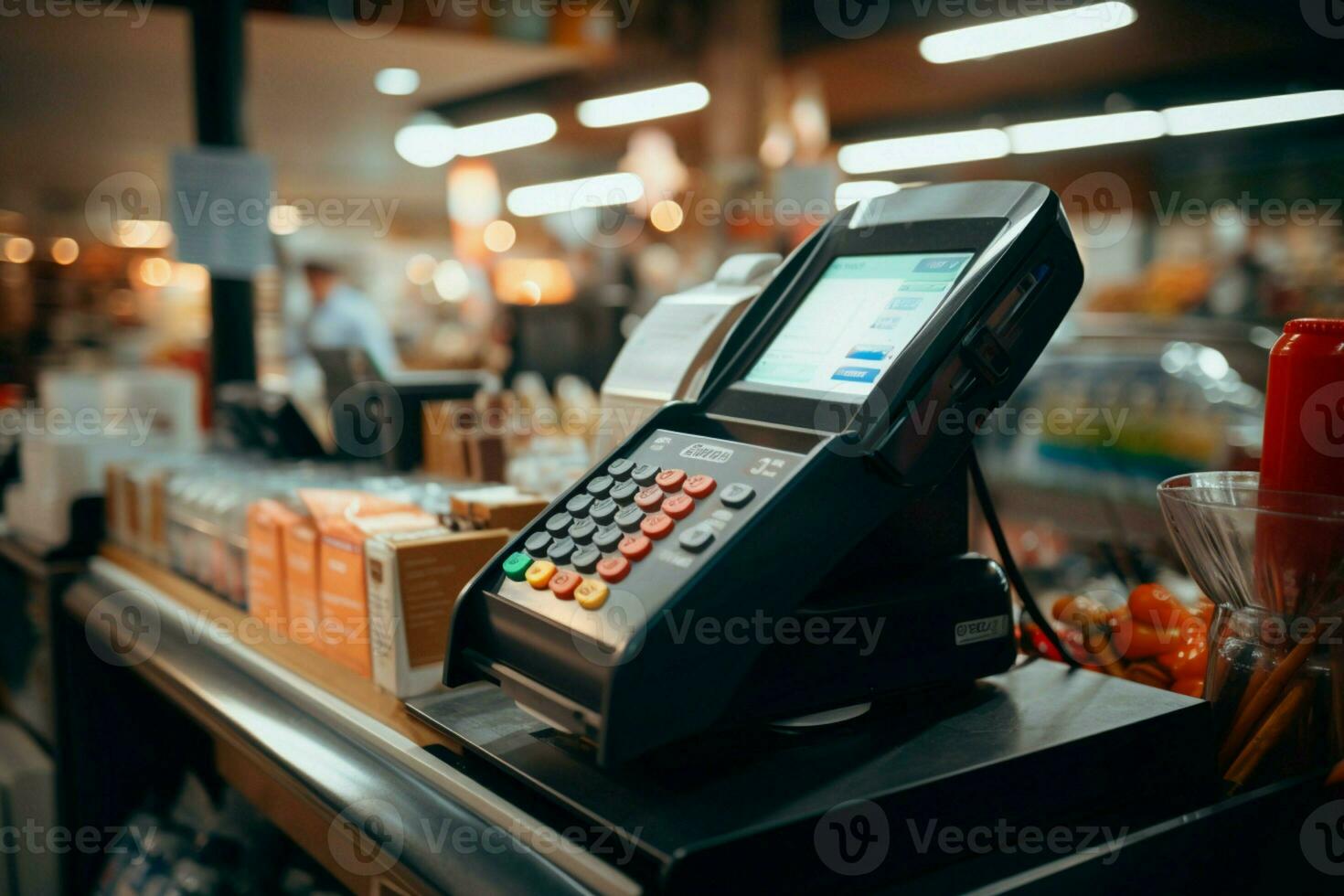 Operacional pos terminal en el comercio, listo para eficiente transacción Procesando. ai generado foto